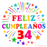 Imagen animada para felicitar los 34 años con letras de colores y diseño festivo.