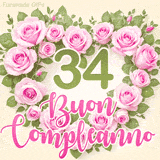GIF per il 34° compleanno con un cuore di rose rosa e scritta elegante
