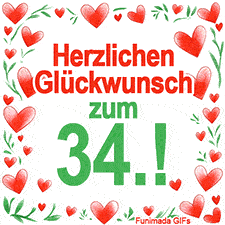 Animierte Grafik mit dem Spruch „Herzlichen Glückwunsch zum 34.!“. Der Text ist von einem funkelnden Rahmen aus roten Herzen und grünen Blättern auf weißem Hintergrund umgeben.