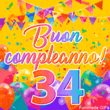 Un GIF animato per un 34° compleanno, Presenta il testo 'Buon Compleanno 34' su uno sfondo giallo vivo con palloncini colorati, festoni e una pioggia di coriandoli.
