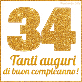 GIF animata per un 34° compleanno, Mostra il numero 34 in grandi caratteri dorati pieni di glitter scintillante, Sotto, la scritta 'Tanti auguri di buon compleanno!' in un elegante oro.