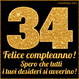 Un GIF animato per un 34° compleanno, Presenta il testo 'Buon Compleanno 34' su uno sfondo giallo vivo con palloncini colorati, festoni e una pioggia di coriandoli.