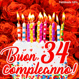 GIF animata per un 34° compleanno, Mostra una torta bianca con candeline colorate accese e coriandoli, di fronte a un muro di rose rosse, Il testo dice 'Buon 34 compleanno!'.