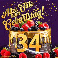 Eine köstlich aussehende animierte Geburtstagskarte für den 34. Geburtstag, dekoriert mit Erdbeeren, Blaubeeren und goldenen Details, Sterne funkeln und fallen, mit 'Alles Gute zum Geburtstag!'-Text.
