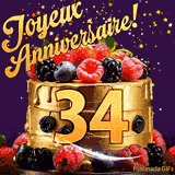 Une animation de célébration d'un gâteau de 34ème anniversaire, Des étoiles dorées tombent du ciel, mettant en valeur le texte 'Joyeux Anniversaire !' et le nombre doré 34 à l'avant du gâteau.
