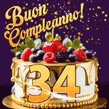 Un GIF animato di una bellissima torta per il 34° compleanno con glassa dorata e frutti di bosco freschi, Il numero dorato 34 è davanti, e stelle cadono su uno sfondo viola scuro.