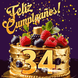Una animación de celebración de una tarta para el 34º cumpleaños, Estrellas doradas caen del cielo, destacando el texto '¡Feliz Cumpleaños!' y el número dorado 34 en la tarta.