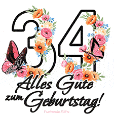 Ein florales GIF zum 34. Geburtstag. Die Zahl '34' ist von animierten Blumen und Schmetterlingen umgeben und bietet eine schöne und fröhliche Art, den Meilenstein zu feiern.