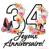Ce GIF de Joyeux 34ème Anniversaire présente le nombre vingt rempli d'un bouquet vibrant de fleurs animées, avec des papillons qui bougent doucement sur un fond blanc.