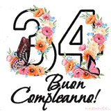 Questo GIF di Buon 34° Compleanno mostra il numero venti riempito con un vibrante bouquet di fiori animati, con farfalle che si muovono dolcemente su uno sfondo bianco.