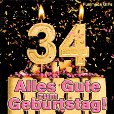 Eine Torte mit Schokoglasur, rosa Perlen und einer brennenden goldenen 34. Goldfarbene Schnipsel fallen herab. Text: Alles Gute zum Geburtstag! Mitten.