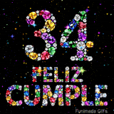 Imagen que presenta el número 34 y la frase FELIZ CUMPLE conformados por piedras preciosas multicolores frente a un cielo negro con estrellas.