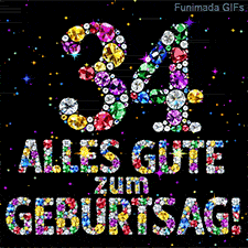 Auf dunklem Grund erstrahlen die Zahl 34 und Alles Gute zum Geburtstag, geformt aus bunten Diamanten inmitten von glitzernden Funken.