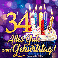 Ein Törtchen mit weißer Glasur und brennenden Kerzen neben der 34. Der goldene Text 'Alles Gute zum Geburtstag!' vor lila funkelndem Grund.