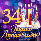 Image animée Joyeux Anniversaire 34 ans : un gâteau aux bougies brille à côté du nombre 34 doré sur fond lila.