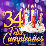 Imagen animada de Feliz Cumpleaños 34 años: una tarta con velas brilla junto al número 34 dorado sobre fondo violeta.