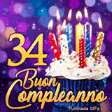 Immagine animata di Buon Compleanno 34 anni: una tortina con candele brilla accanto al numero 34 dorato su sfondo viola.