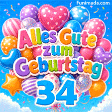 Animiertes Bündel aus leuchtenden Luftballons, das leicht wippt. Die 3D-Ballonbuchstaben formen Alles Gute zum Geburtstag über einer blauen 34.