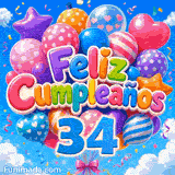 Imagen animada de Feliz Cumpleaños 34 años: racimos de globos flotan junto al número 34 azul sobre trasfondo de nubes.