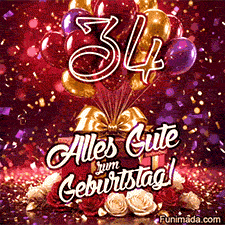 Helle Ballons steigen über Geschenkboxen und rot-weiße Rosen und umrahmen die goldene 34 sowie Alles Gute zum Geburtstag mit fallendem Konfetti