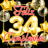 Animación de un GIF con el número 34 en dorado, rodeado de estrellas, burbujas brillantes y la frase 'Feliz cumpleaños' en letras modernas y festivas.