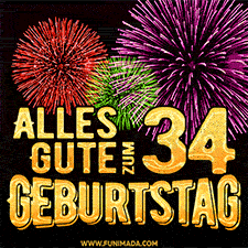 Ein dynamisches animiertes GIF mit buntem Feuerwerk und goldenen Zahlen, die den 34 Geburtstag hervorheben.