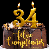 GIF de un pastel de chocolate con decoración de crema, velas doradas con el número 34 encendido, y un fondo negro elegante y cálido.