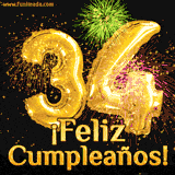 GIF animado con globos dorados en forma del número 34, acompañado de fuegos artificiales de colores y la frase '¡Feliz cumpleaños!' en letras vibrantes.