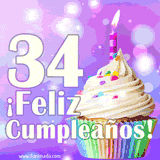 Animación de un cupcake con cobertura blanca, confites de colores, una vela encendida y el número 34 en grande sobre un fondo púrpura con luces brillantes.