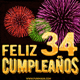 GIF animado con el número 34 en dorado, rodeado de fuegos artificiales rojos, verdes y morados, con el mensaje 'Feliz cumpleaños' en letras doradas.