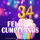 GIF animado de un cupcake decorado con confites, dos velas doradas encendidas formando el número 34, sobre un fondo púrpura brillante con destellos.