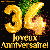 GIF animé pour un 34e anniversaire avec des ballons dorés en forme de 34, des feux d'artifice colorés et le texte 'Joyeux Anniversaire!' sur un fond noir festif.