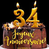 GIF animé pour un 34e anniversaire avec une élégante gâteau au chocolat, des bougies dorées formant le chiffre 34 et le texte 'Joyeux Anniversaire!' en écriture dorée.