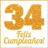 Imagen animada con el número 34 en diseño dorado brillante acompañado de la frase 'Feliz cumpleaños' sobre un fondo blanco simple y elegante.