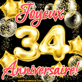 GIF animé pour un 34e anniversaire avec des ballons dorés en forme de 34, entourés de ballons scintillants et du texte 'Joyeux Anniversaire!' en écriture élégante.