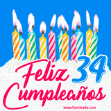 Animación de un pastel decorado con velas coloridas y encendidas, el número 34 destacado en azul y la frase 'Feliz cumpleaños' en letras estilizadas.