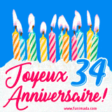 GIF animé joyeux anniversaire pour 34 ans avec des bougies colorées allumées, un fond bleu vif et le texte 'Joyeux Anniversaire 34!' en écriture élégante.