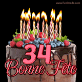 GIF animé pour un 34e anniversaire avec un somptueux gâteau au chocolat décoré de baies fraîches, des bougies allumées et le texte '34 Bonne Fête!' en rouge.