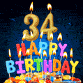Best Happy 34th Birthday Cake with Colorful Candles GIF