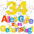 Festliches und farbenfrohes GIF-Bild zum 34. Geburtstag.