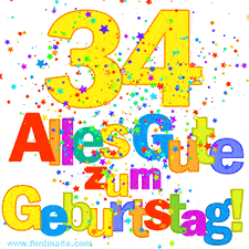 Geburtstags-GIF mit animierten bunten Sternen, der großen Zahl 34 und dem mehrfarbigen Text 'Alles Gute zum Geburtstag'.