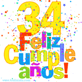 GIF festivo lleno de confeti de colores, el número 34 grande en amarillo y la frase 'Feliz cumpleaños' en letras multicolores y brillantes.