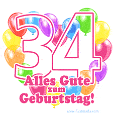Ein verspieltes animiertes Geburtstags-GIF mit bunten Ballons in Herzform und der Zahl 34.
