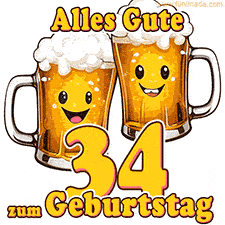 Zwei lustige Bierkrüge mit fröhlichen Gesichtern hüpfen auf und ab. Der Text lautet 'Alles Gute zum 34. Geburtstag'.