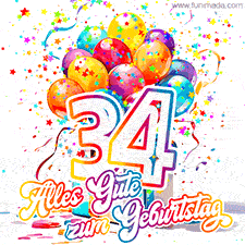 Ein lebendiges Geburtstags-GIF mit bunten Ballons, animiertem Konfetti, der Zahl 34 und den Worten 'Alles Gute zum Geburtstag' in dekorativer Schriftart.