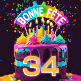 GIF animé pour un 34e anniversaire avec un gâteau au chocolat recouvert de glaçage arc-en-ciel, des bougies allumées, et le texte 'Bonne Fête' sur un fond étoilé et festif.