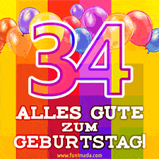 Große Zahl 35 in Umrissschrift, die Worte 'Alles Gute zum 34. Geburtstag', mehrfarbige animierte Ballons und lebendiger Hintergrund.