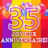 GIF animé 35 ans avec des ballons colorés, un grand chiffre 35 et 'Joyeux Anniversaire!' sur un fond éclatant.
