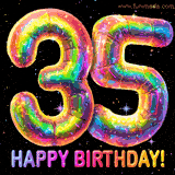 Shiny number 35 birthday celebration balloons with an iridescent glow and glitter on a black background with twinkling stars.