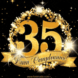Il numero 35 è circondato da un anello dorato brillante, accompagnato da un nastro elegante con la scritta 'Buon Compleanno!' su uno sfondo scuro.